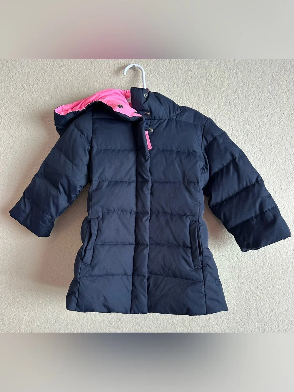 Crewcuts Girls Hooded Down Puffer Parka Jacket Navy Blue Size 2 Coat Pink Accent